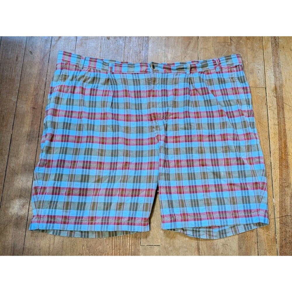 Lands End Mens Plaid Chino Shorts Red Navy Blue White Cotton Size 48 345744